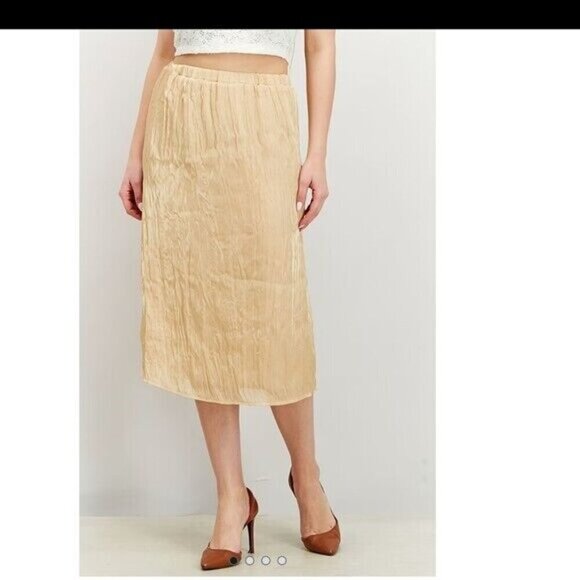 Calvin Klein Skirt Womens M Metallic Gold Shimmery Crinkle Pleated Midi Pull On - Picture 15 of 15